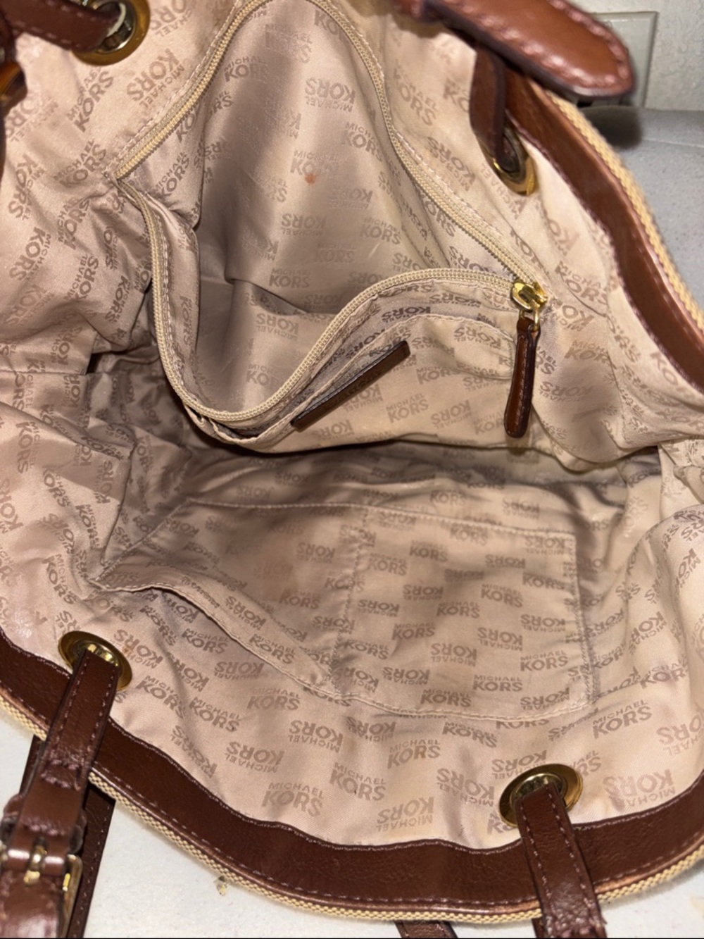 Michael Kors Brown and Tan MK Logo Tote - Picture 4 of 12